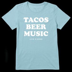 LIFE IS GOOD Women's XXL TEE Blue TACOS BEER MUSIC Tshirt - BRAND NEW!